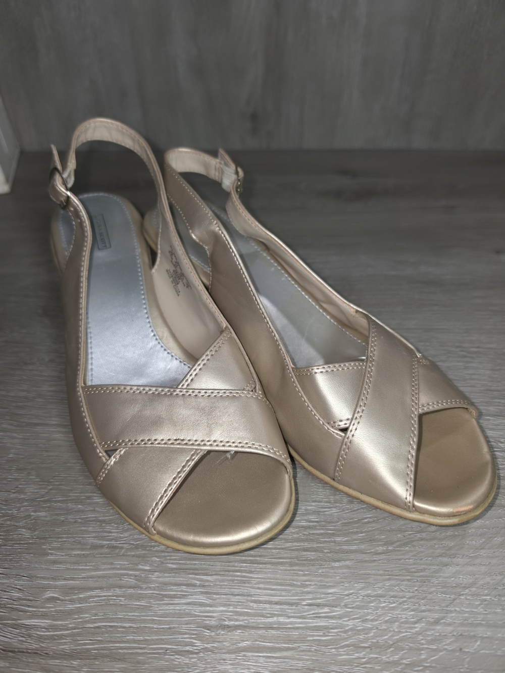 Laura Scott Metallic Champagne Gold Slingback Peep-Toe Flats Womens Size 9.5